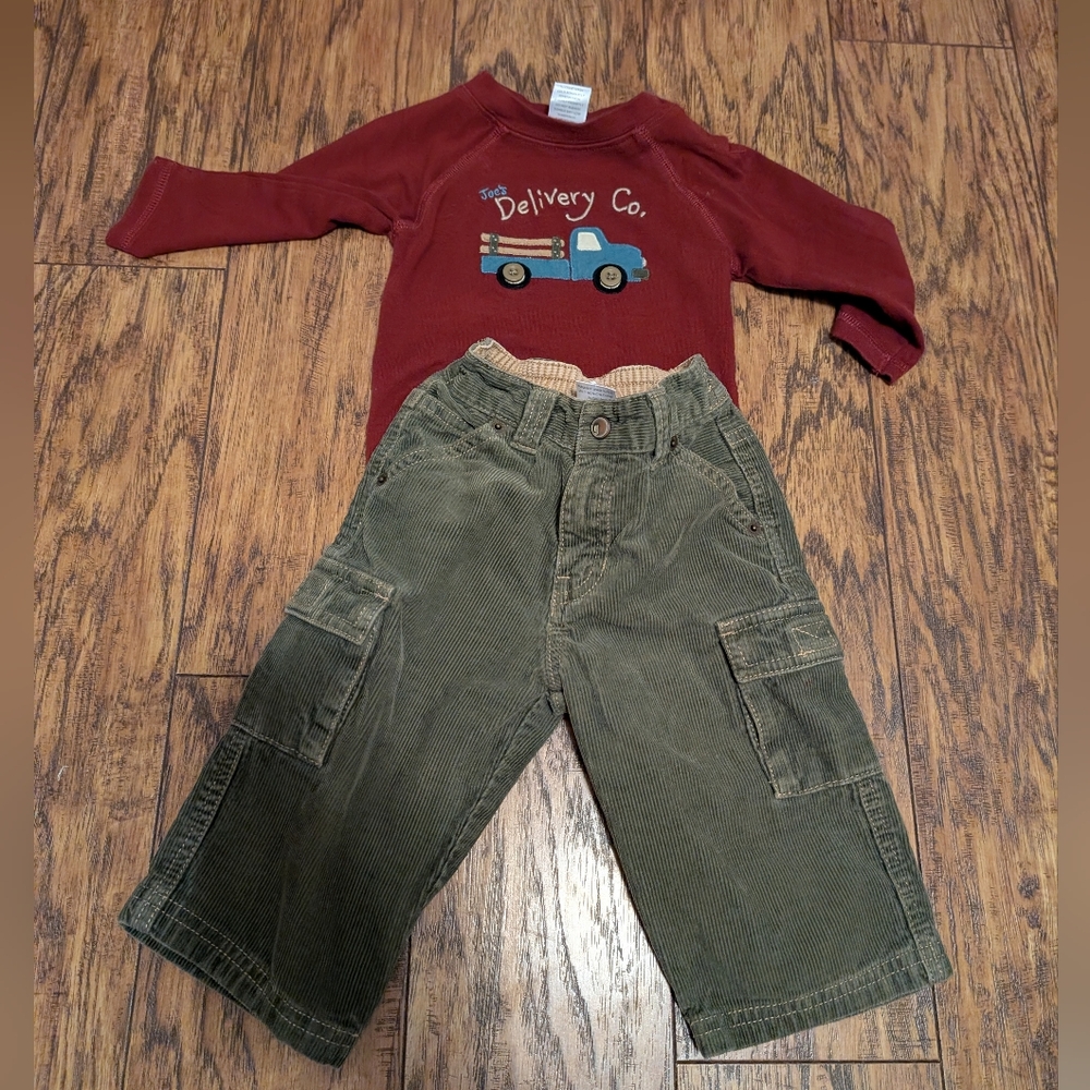 💥3/$24 Gymboree Maroon Delivery Onesie With Matching‎ Olive Corduroy Pants